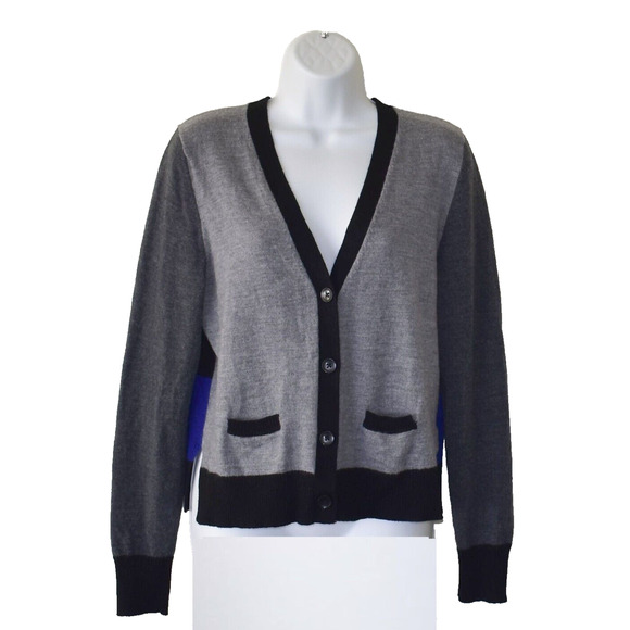 B0 Auth LORD & TAYLOR Grey/Black/Blue Extra Fine Merino Wool Cardigan Sweater L - Picture 1 of 6